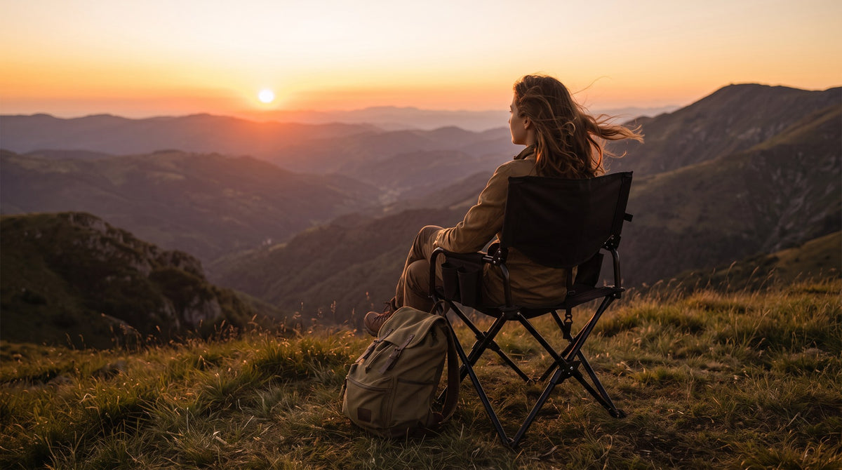 Campingstuhl am Aussichtspunkt bei Sonnenuntergang
